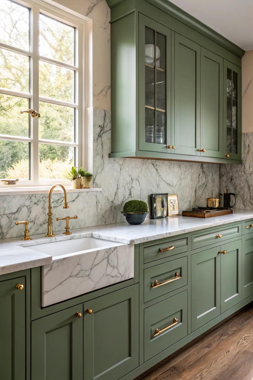 Bronze fixtures introduce elegance to green culinary cabinets.