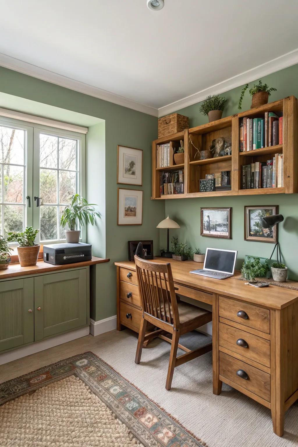 A home office showcasing tranquil earth tones.