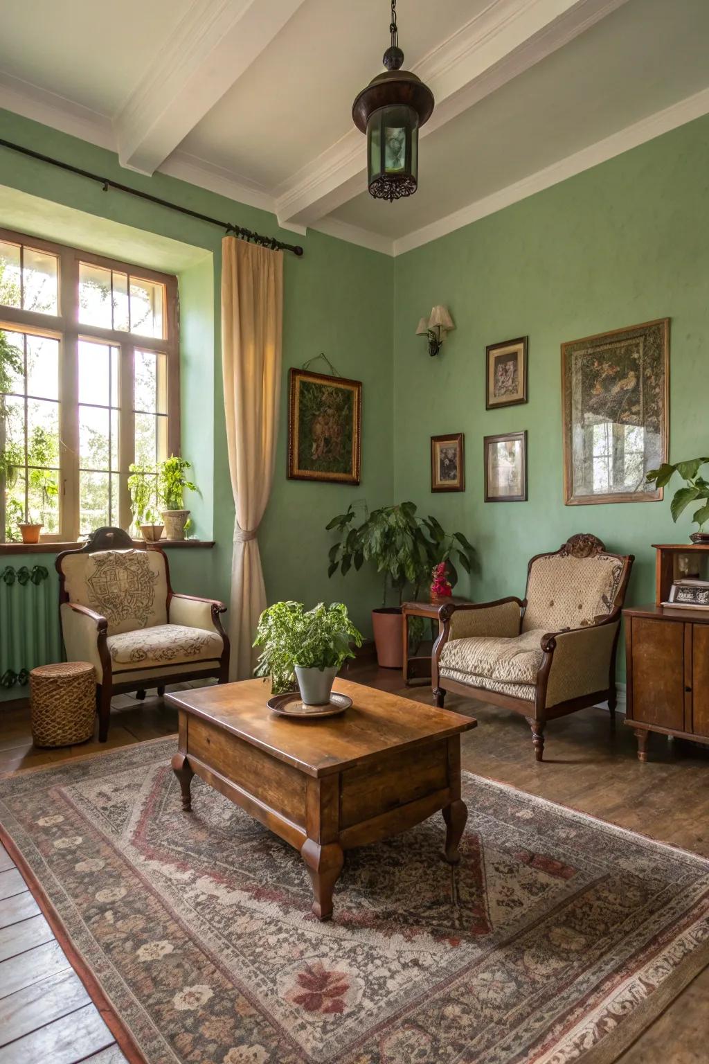 Antique and country-style pieces enhance this green-themed space.