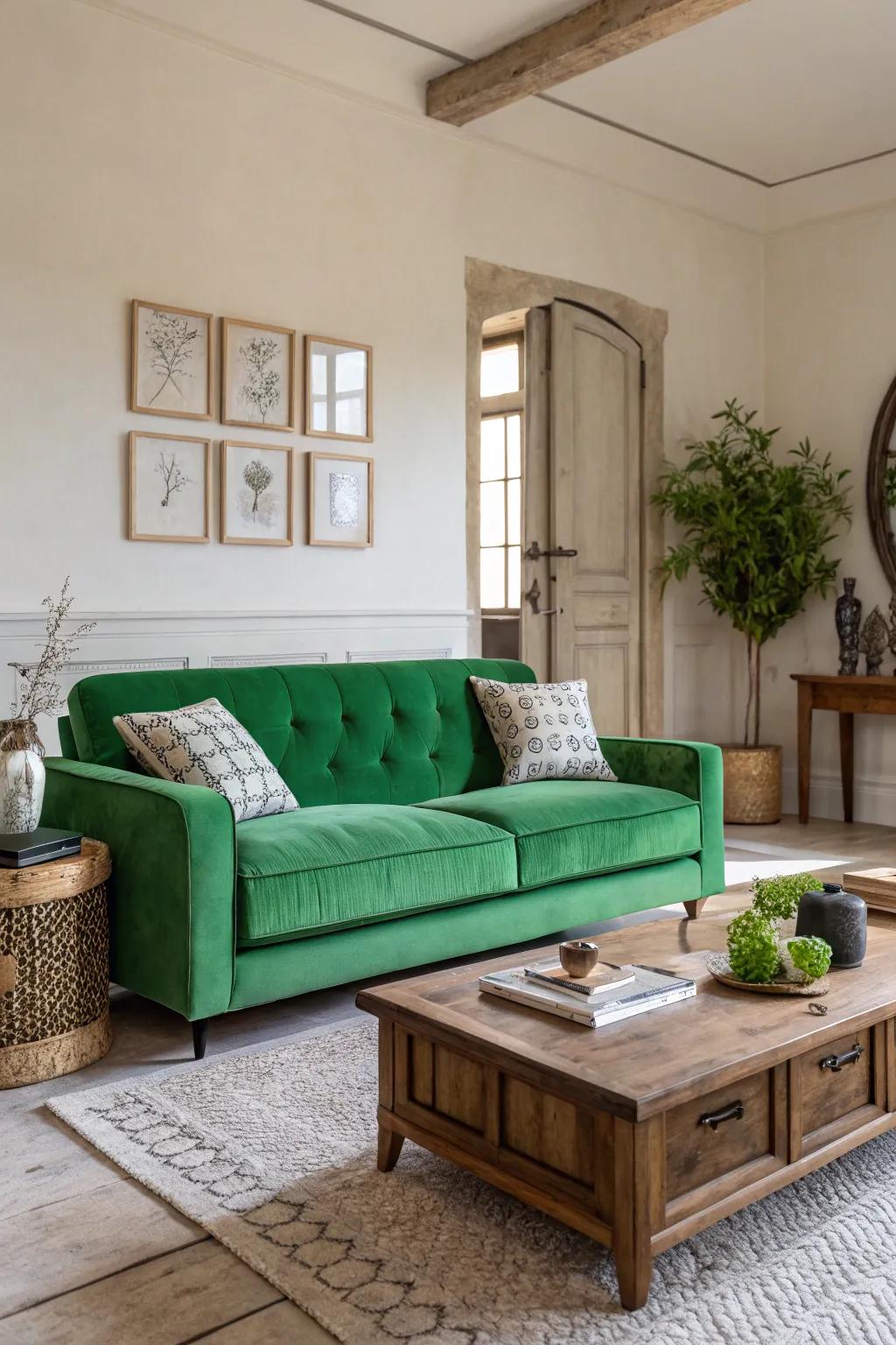 A green sofa acting as a captivating centerpiece.