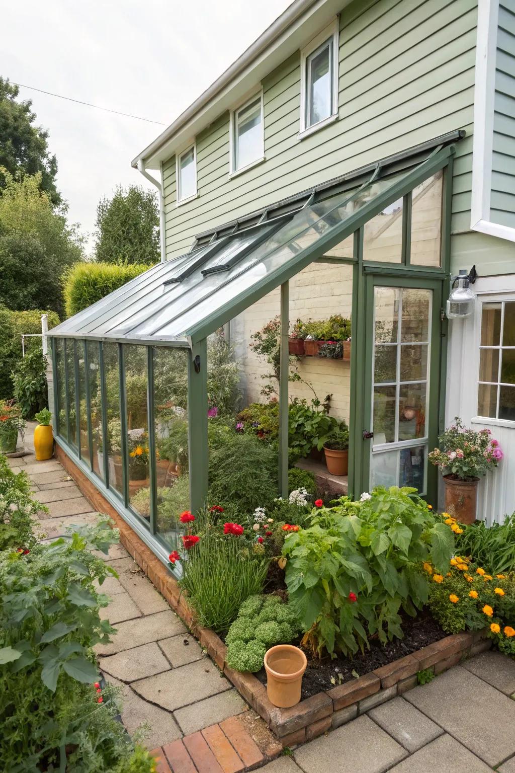 A space-saving lean-to greenhouse connected to a house.