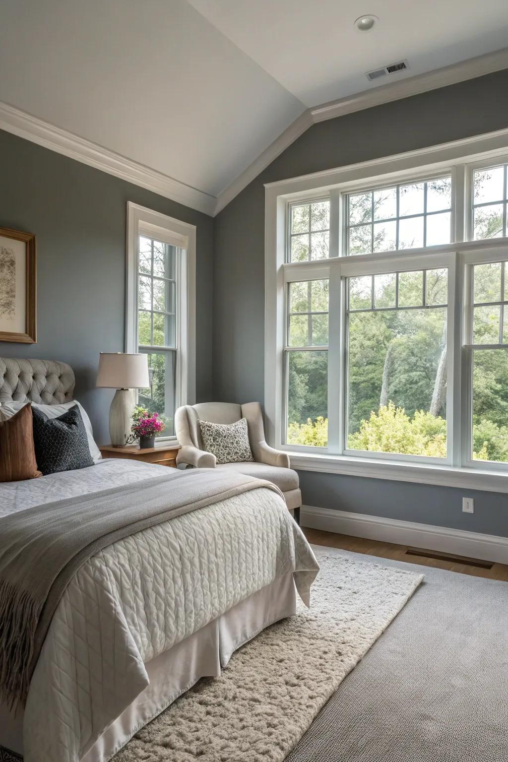 Natural light beautifully enhances this grey feature wall.