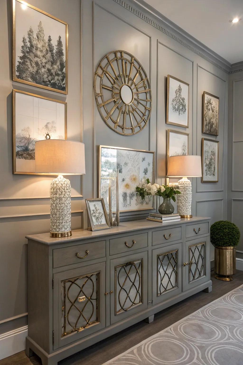 A grey accent wall displaying art and mirrors.