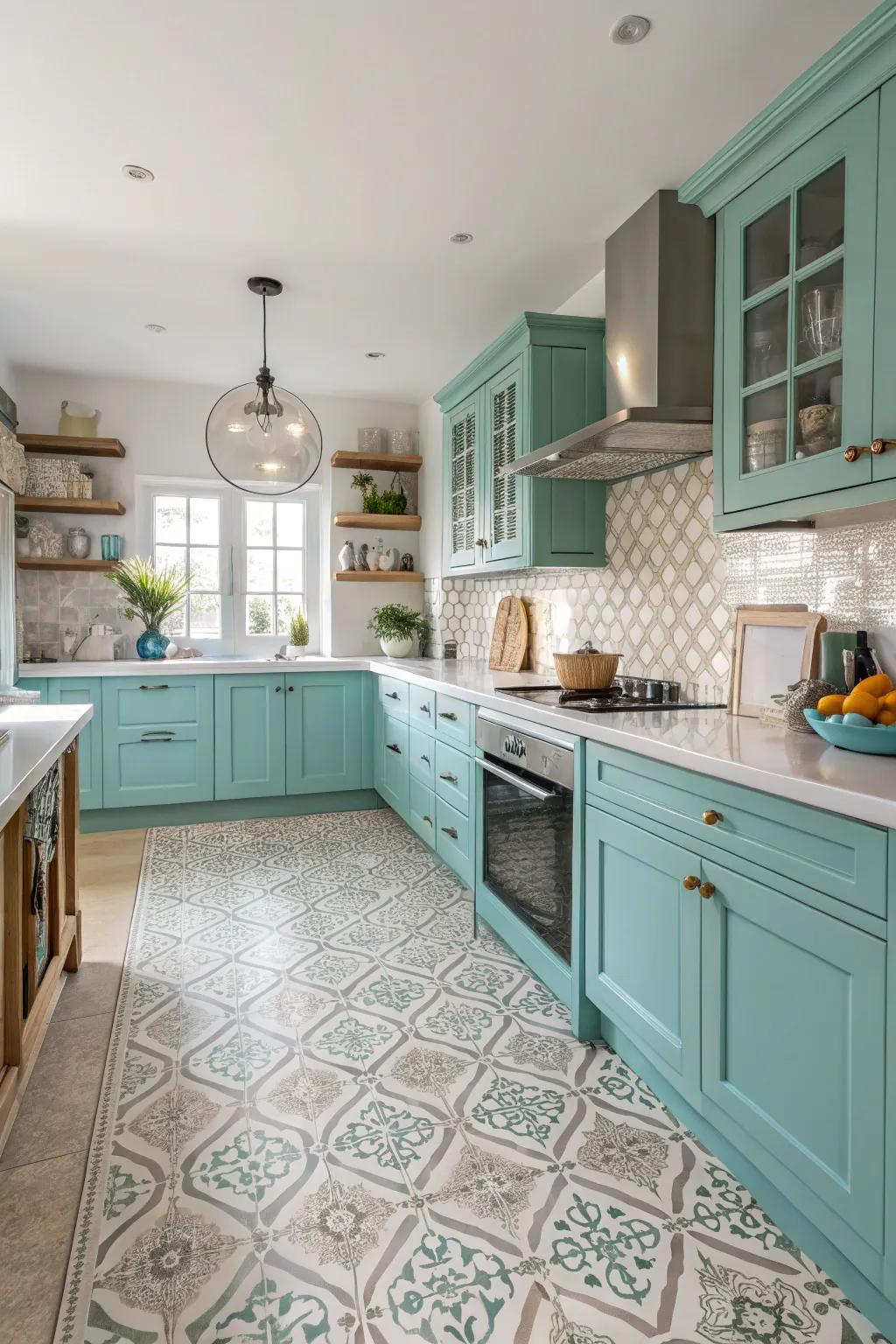 Patterned flooring provides a subtle yet fashionable base for the cooking area.