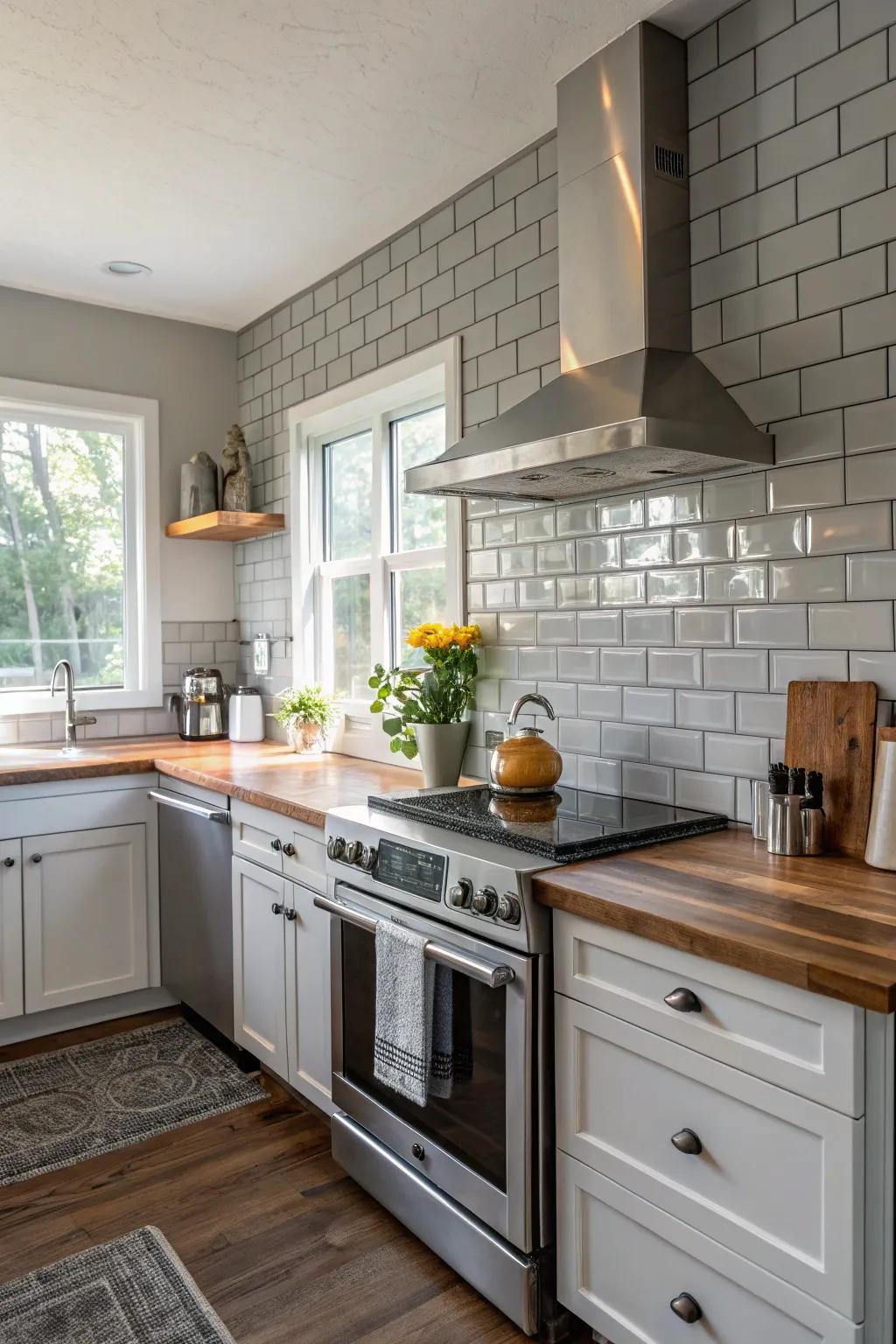 Chic grey subway tile backsplash for added texture