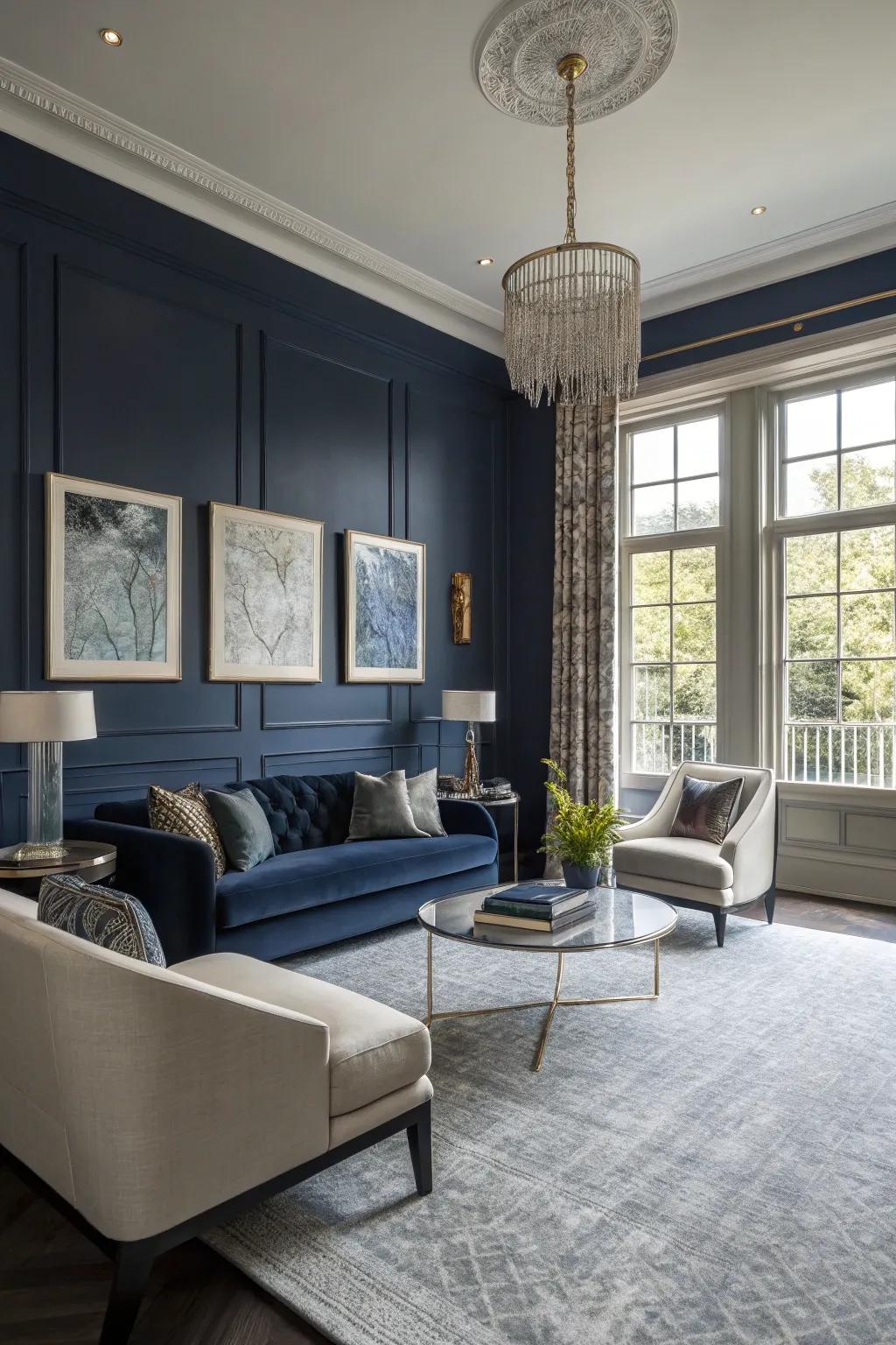 Indigo walls produce a striking contrast with grey floor coverings.