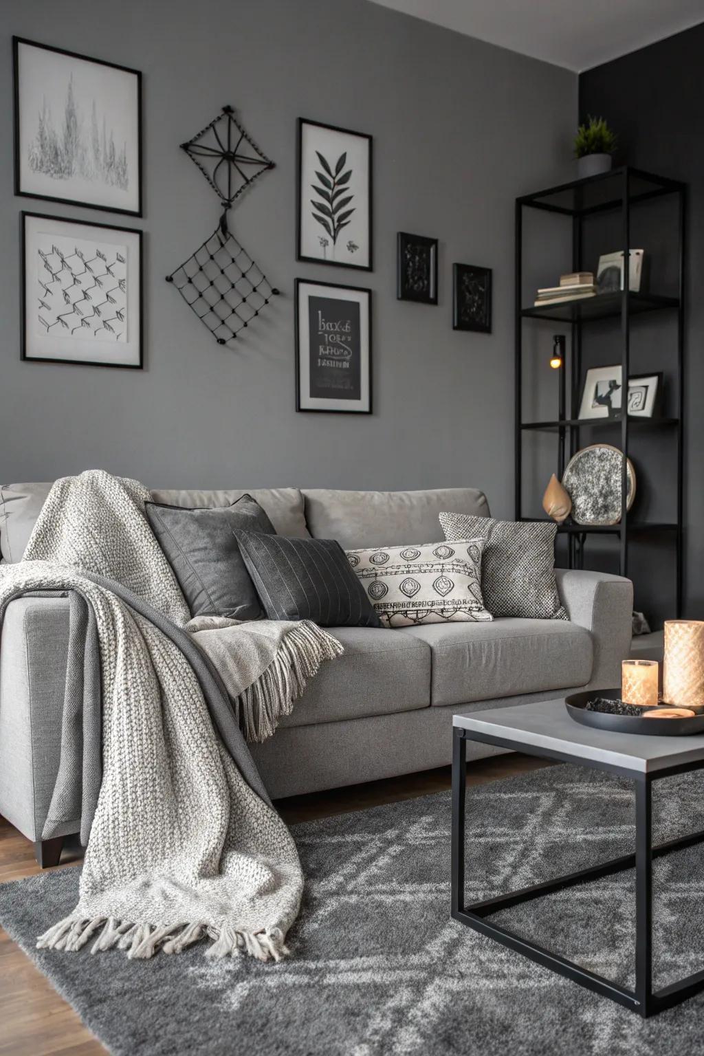 A chic monochrome living room showcasing a gray sofa.