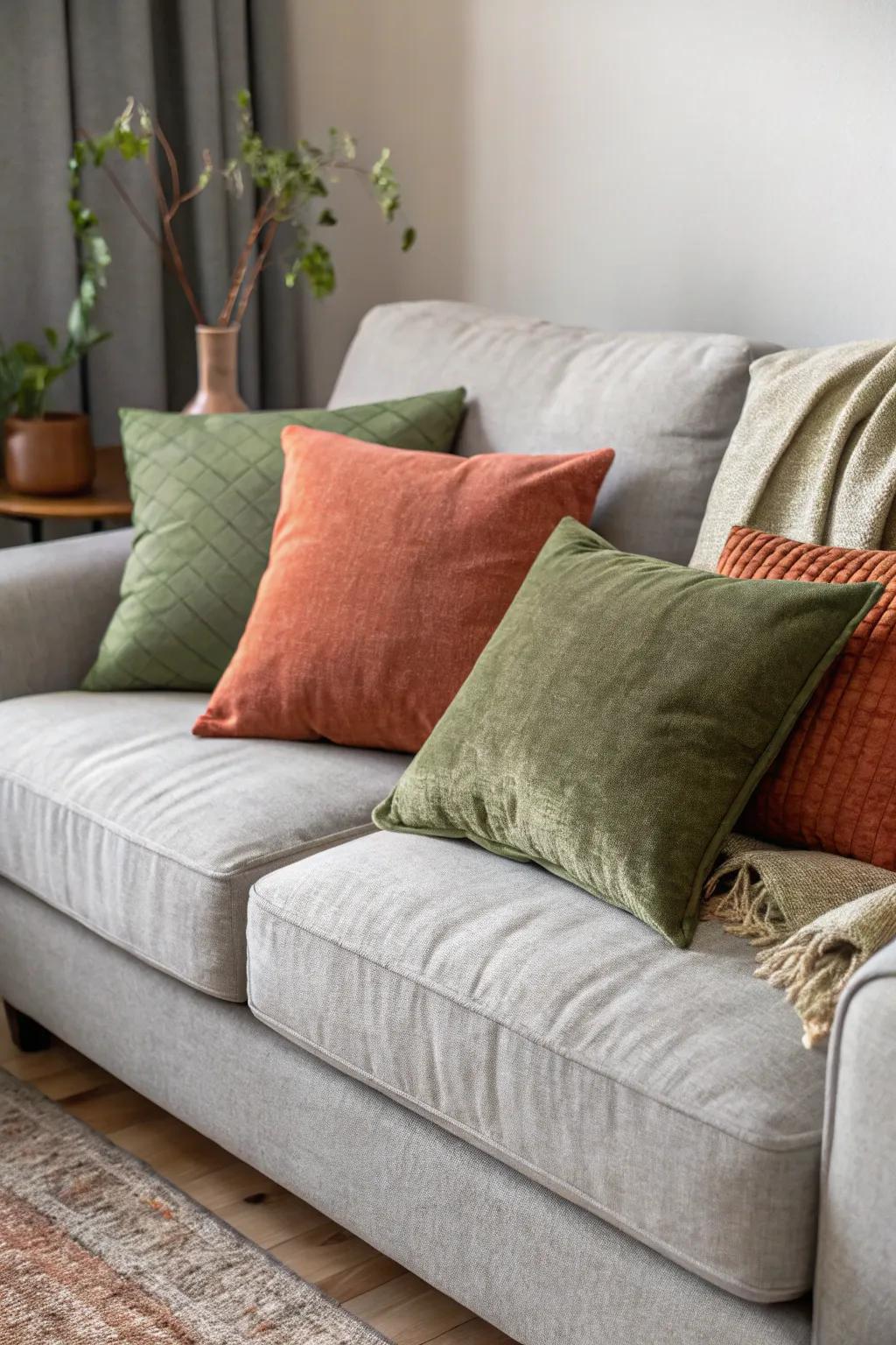 Earthy tones offer a cozy, inviting contrast to grey.