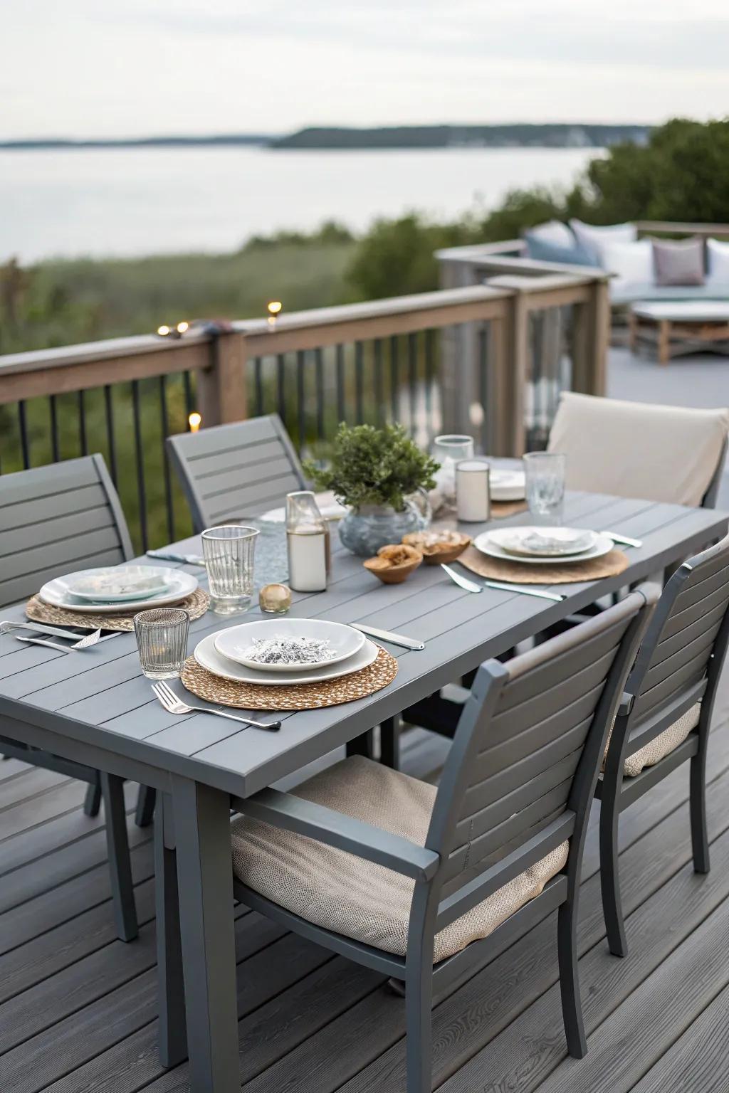 An elegant dining arrangement on a grey deck designed for outdoor meals.
