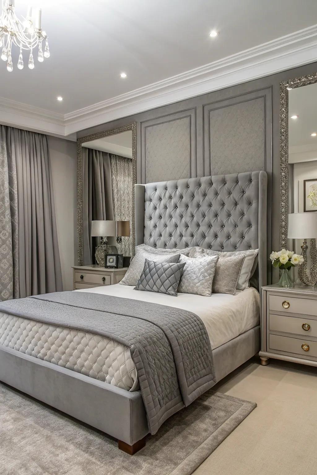 A balanced bedroom design with everything arranged symmetrically around a grey headboard.