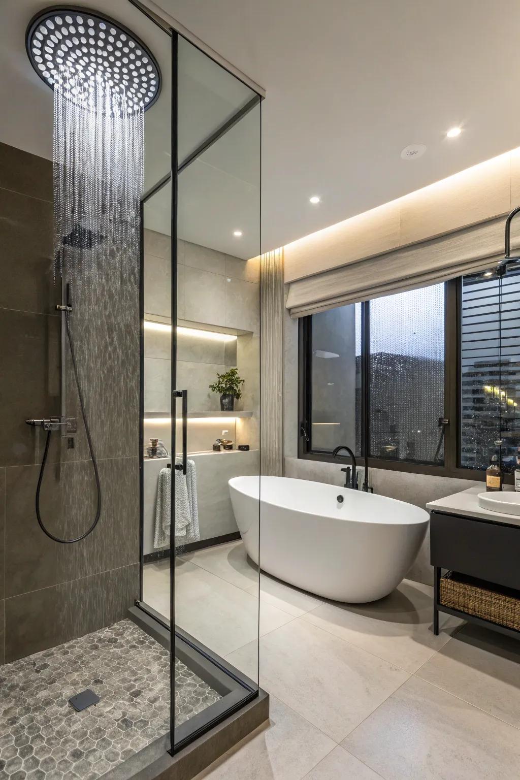 Lavish features elevate this guest bathroom to a spa-like retreat.