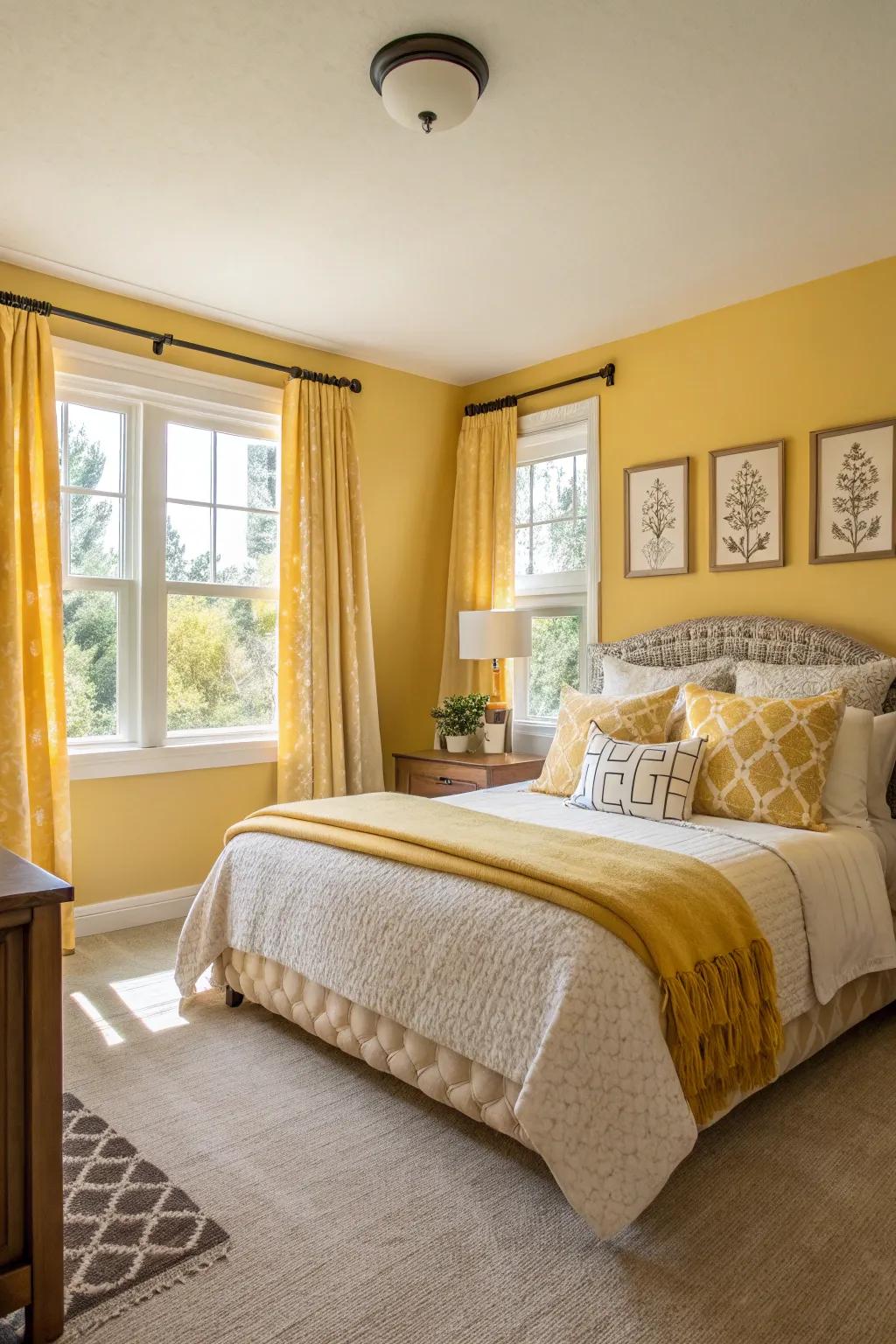 A guest room featuring bright yellow accents to brighten any stay.