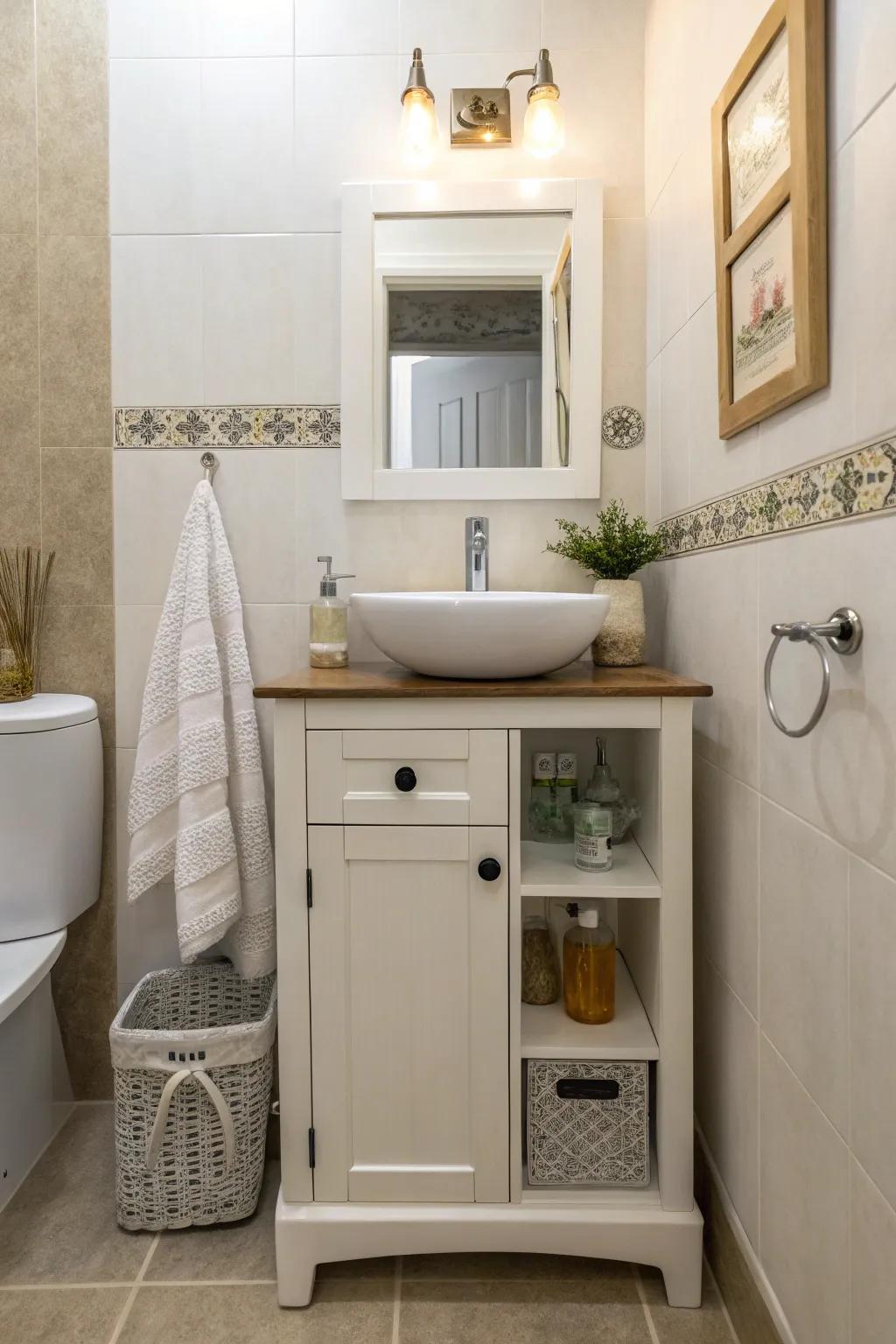 A diminutive vanity is optimal for small bathrooms.