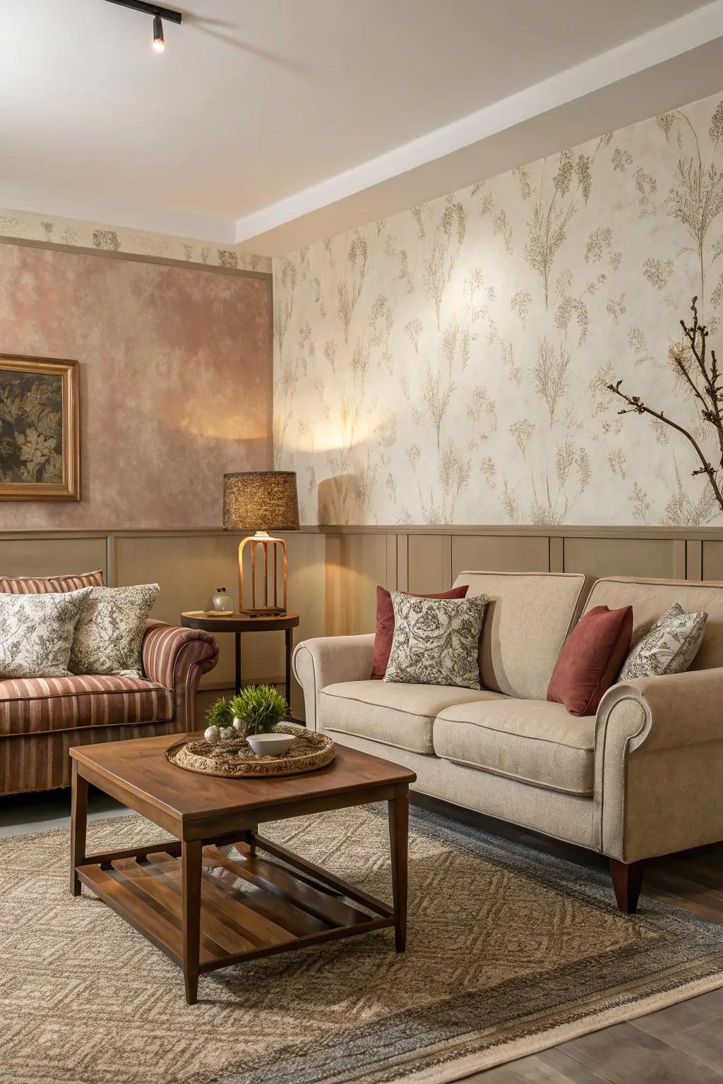 A harmonious living room where furniture perfectly complements the half wallpaper, half paint design.