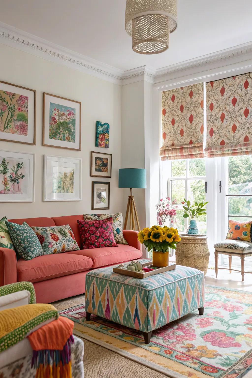 A vibrant living room displaying bespoke patterned window treatments.
