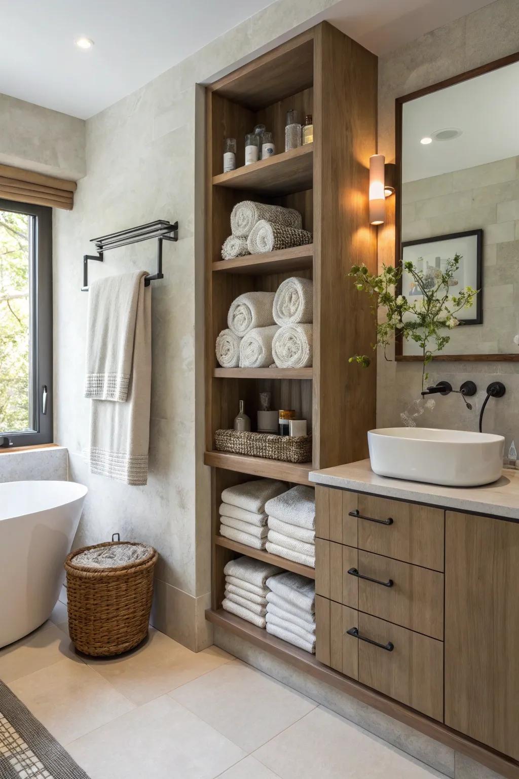 Open shelving combines storage with display in this bathroom.