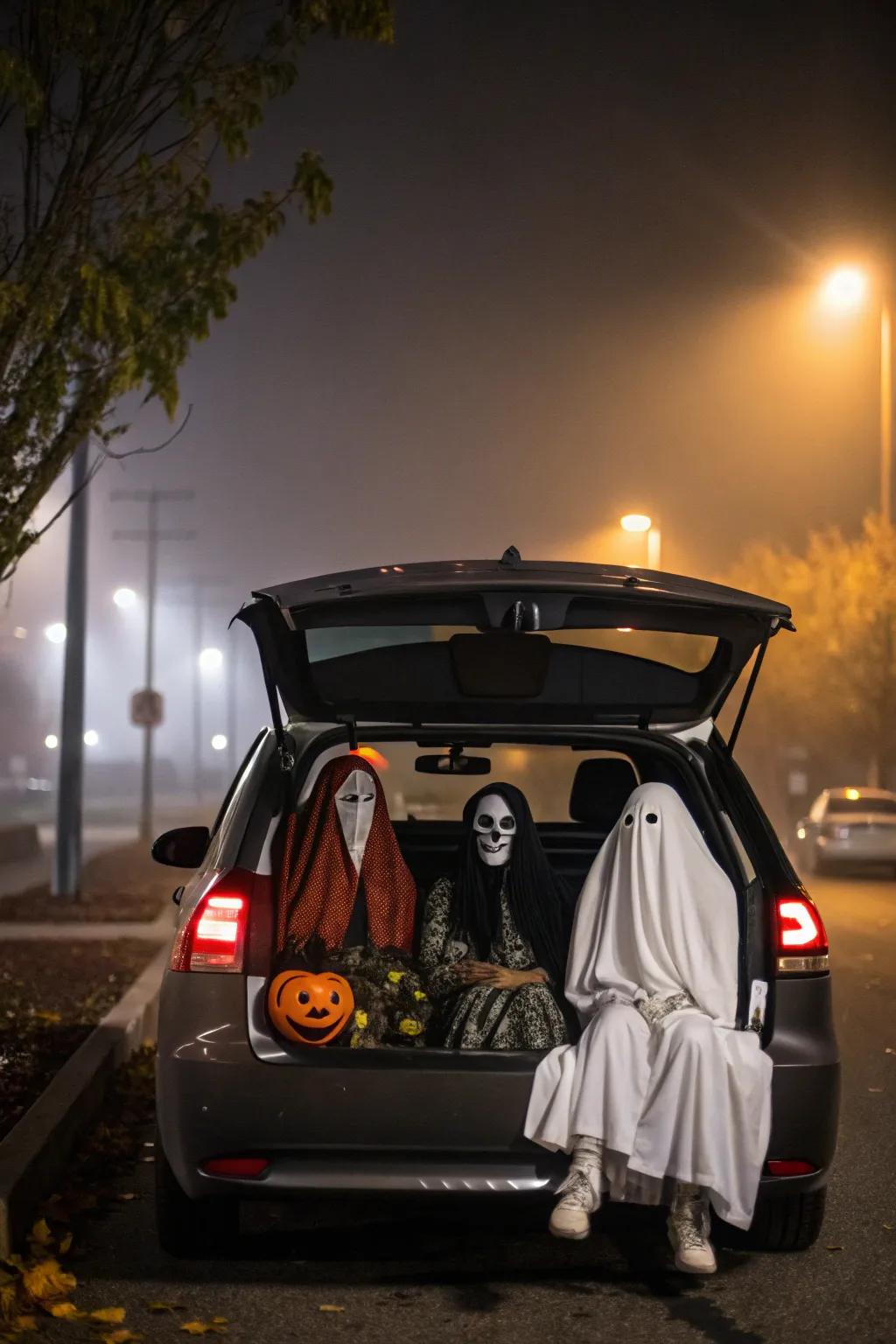 Costumed figures infuse a lively Halloween essence into your car.