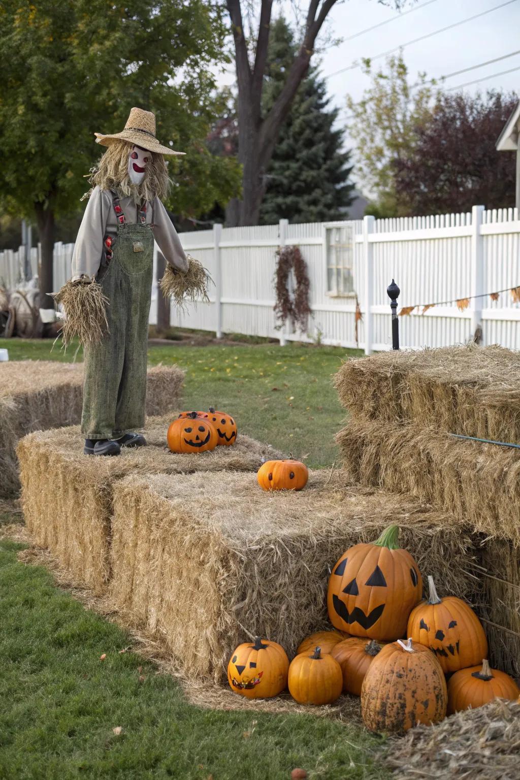 A charming mix of harvest and Halloween details in the front yard.