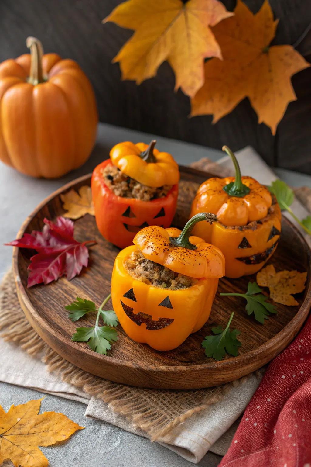 Festive jack-o'-lantern packed peppers all set to be served.