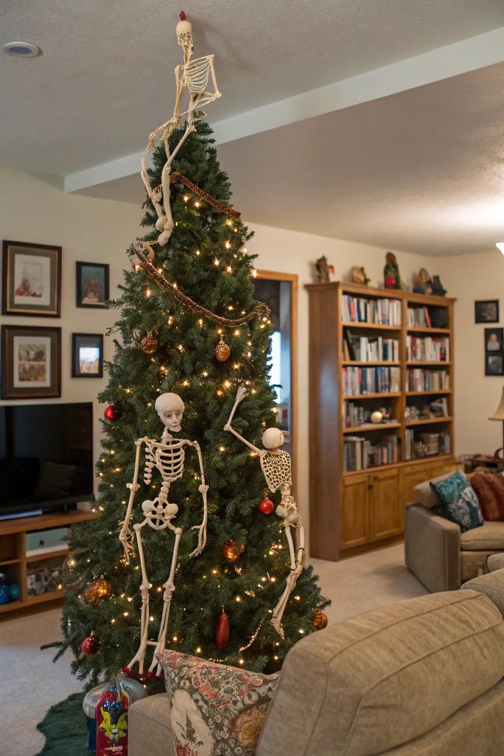 An enjoyable Halloween tree featuring playful skeleton models.