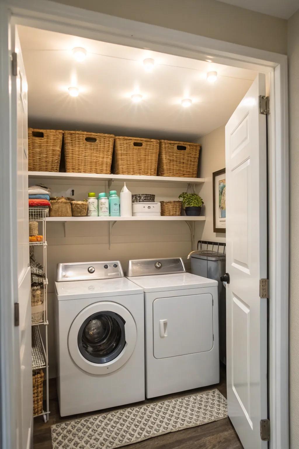 Bright lighting makes the laundry area feel inviting.