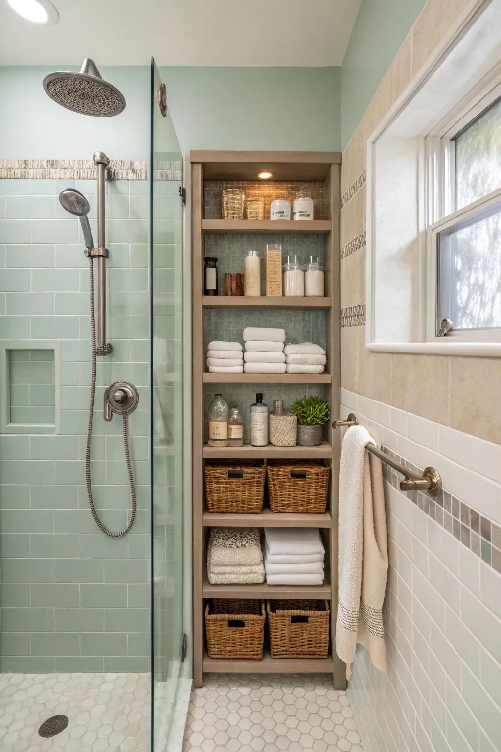Combine practicality and style with built-in shelving and an aqua sprayer.