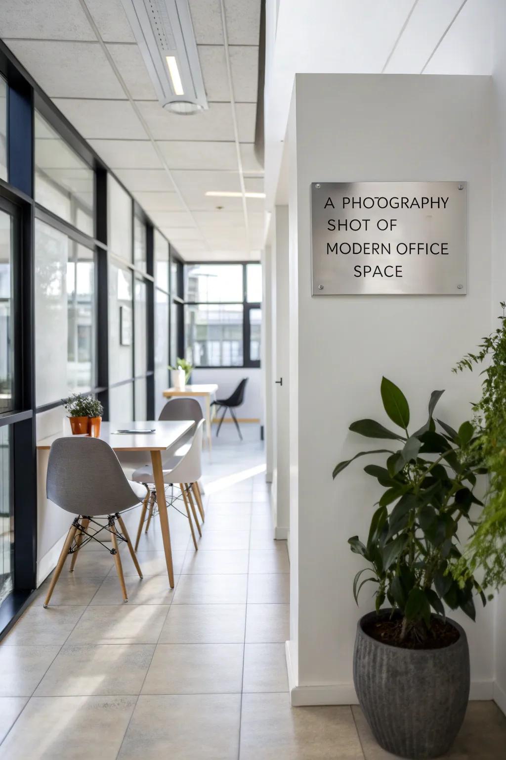 A simple metal sign that enhances a contemporary office setting.