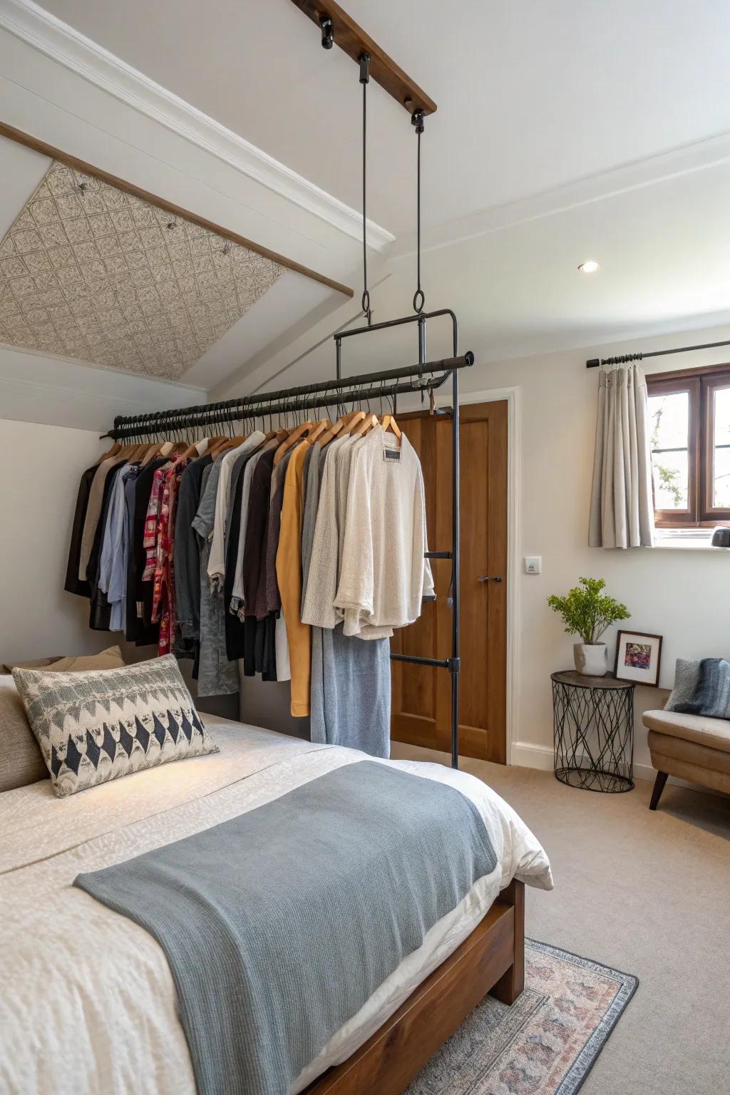 Elevate your wardrobe with a clothing rack that hangs from the roof.