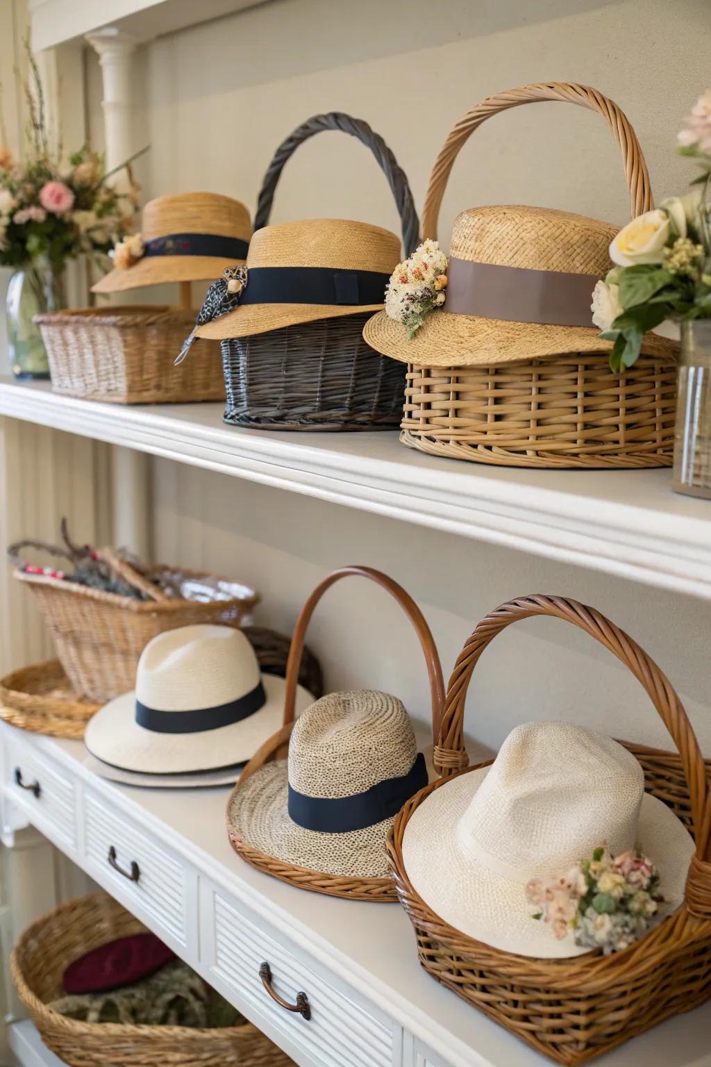 Hats kept in decorative baskets.