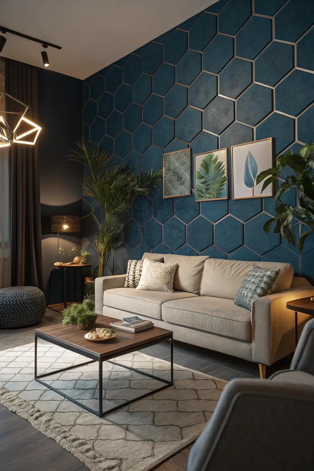 A hexagon highlighted wall can redefine your family room.