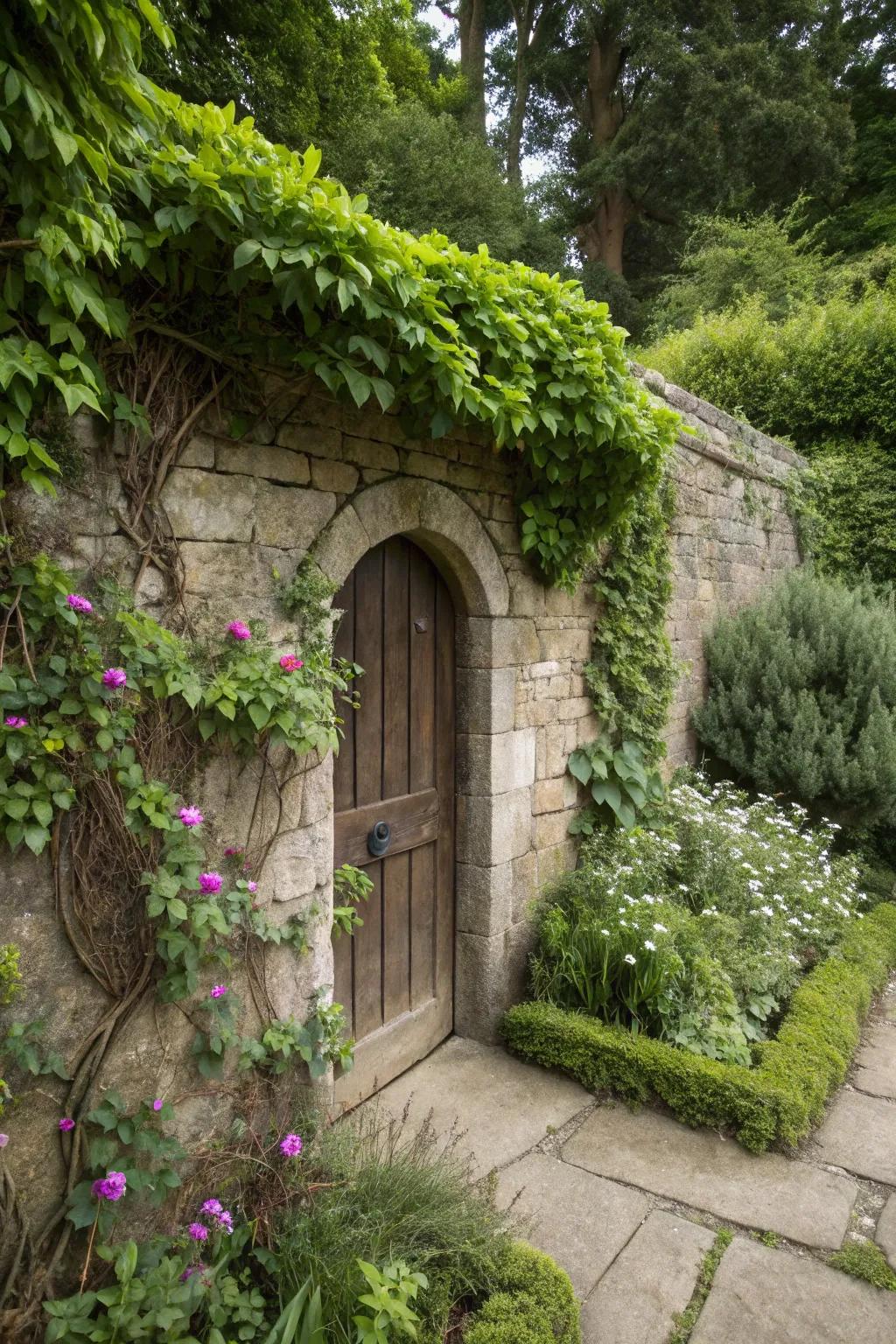 A concealed entrance cleverly incorporated into a garden wall.