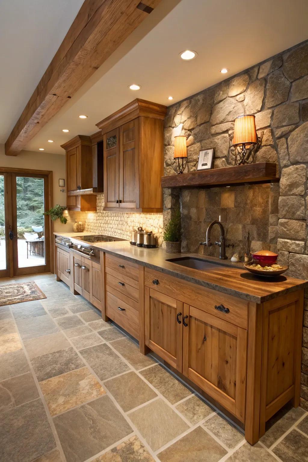 Organic components add warmth and charm to the concealed cooking area concept.
