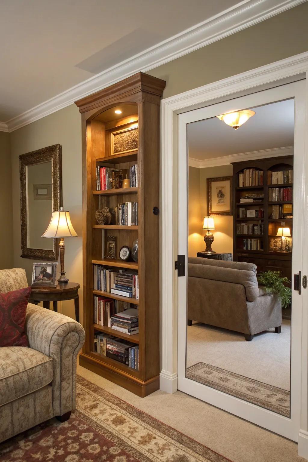 A bookshelf with a hidden mirror door cleverly conceals a passage.