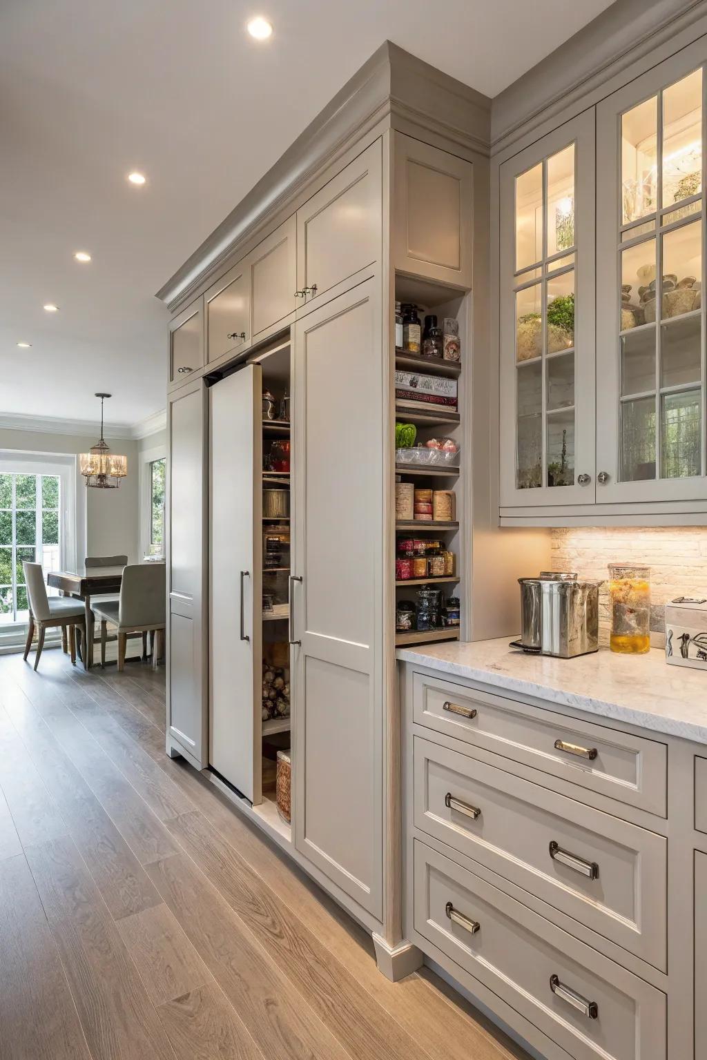 Bespoke cabinetry concealing a pantry, fusing perfectly with the cooking area.