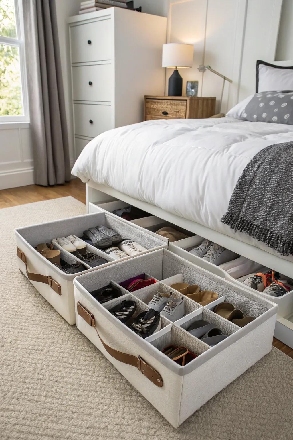 Storage under the bed ensures footwear is organized and hidden.