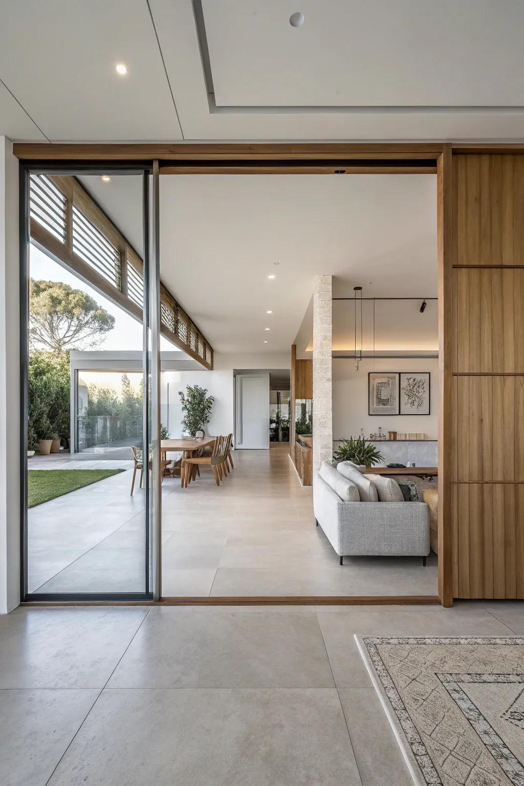 Maintain a contemporary flow using integrated sliding doors.
