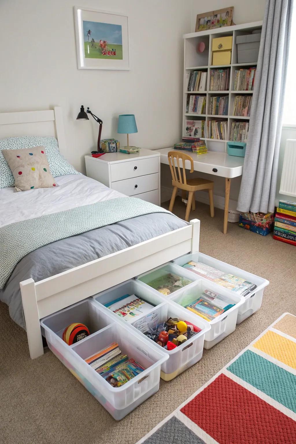 Making use of underbed space for secret toy storage.