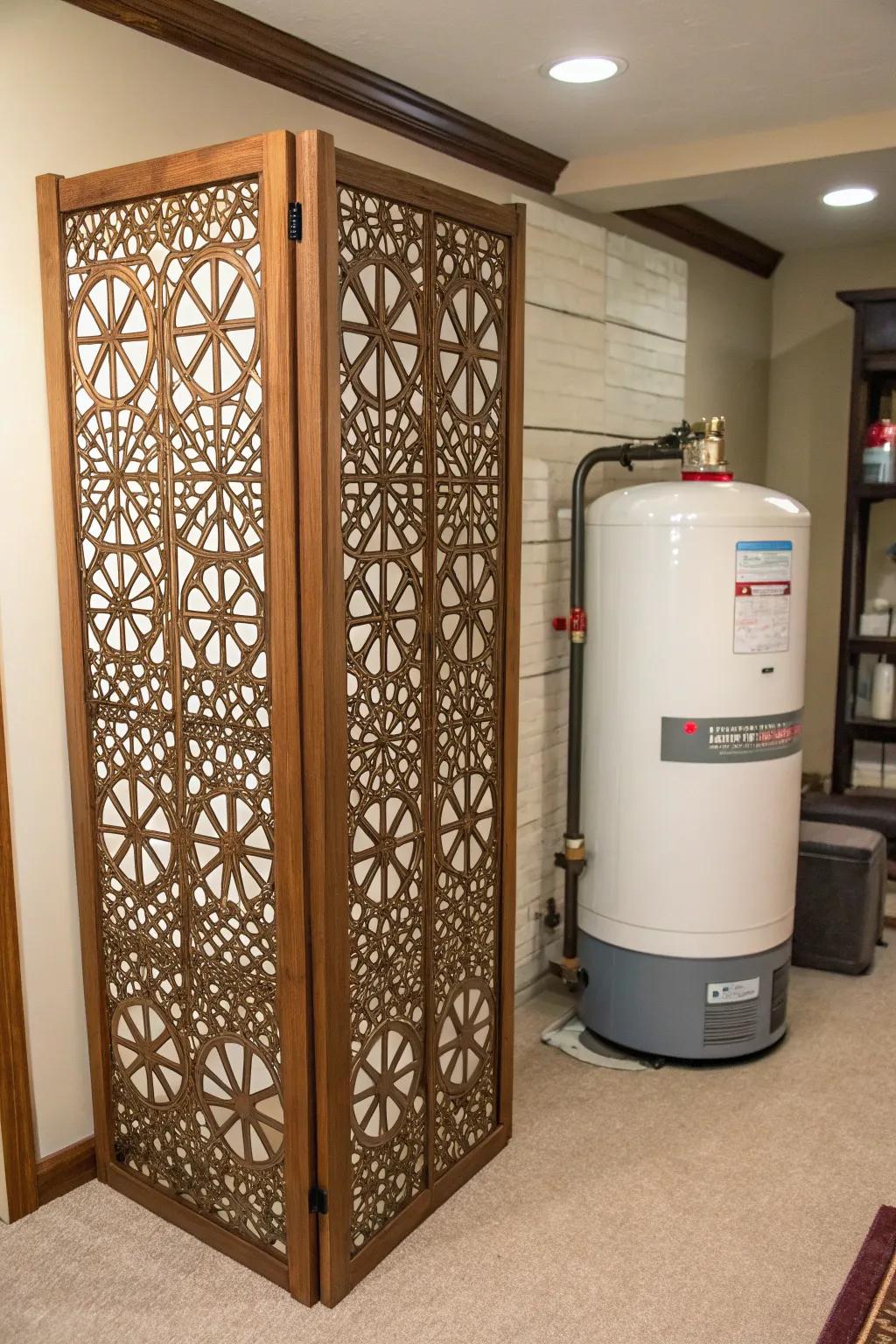 A geometric pattern screen creatively concealing a water heater.