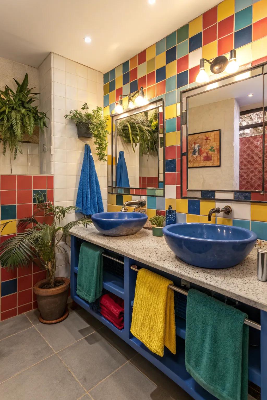 A bathroom that features bold colors and dynamic design elements.