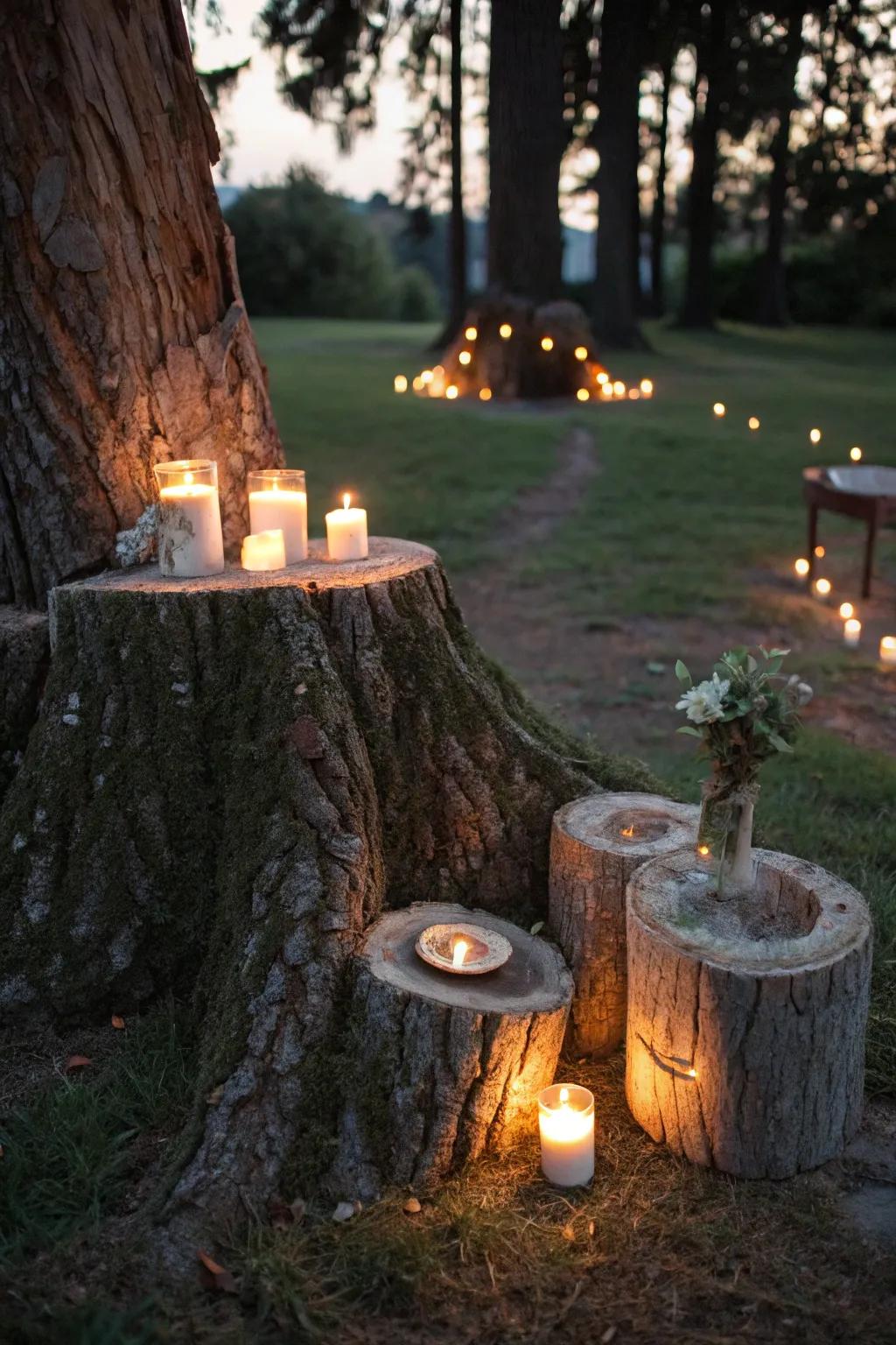 A tree stump evolves into a stylish light fixture for relaxed evenings.