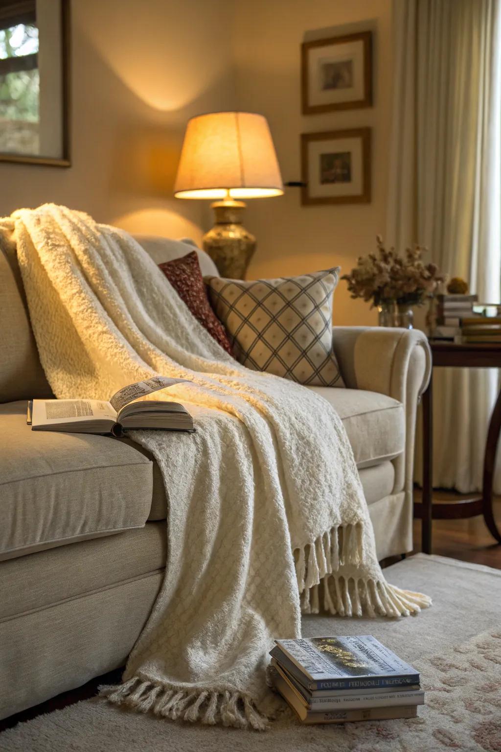 A soft wrap draped over a couch, bestowing warmth and comfort upon the space.