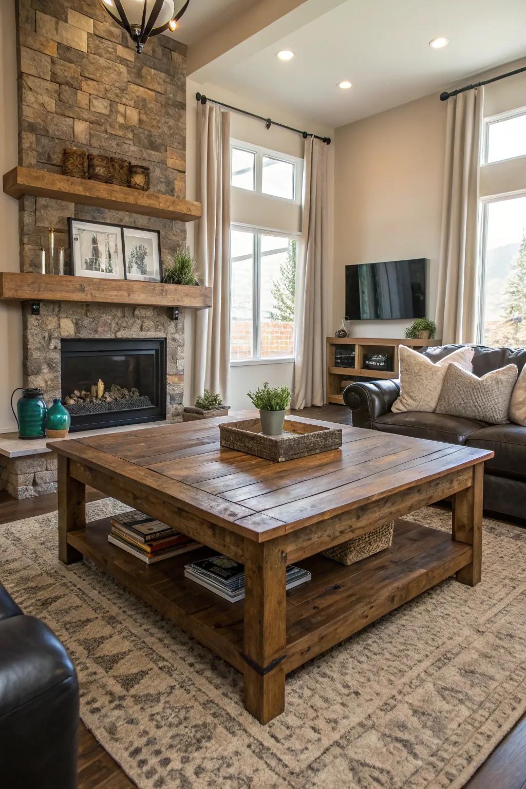 A modern living room featuring a rustic reclaimed wood coffee table.
