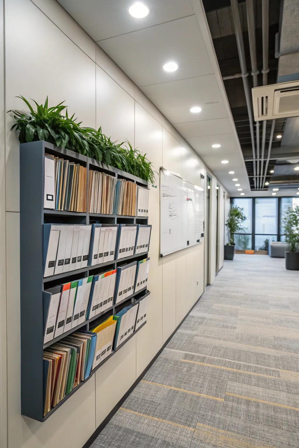 Wall-affixed file racks maximize storage while reducing mess.