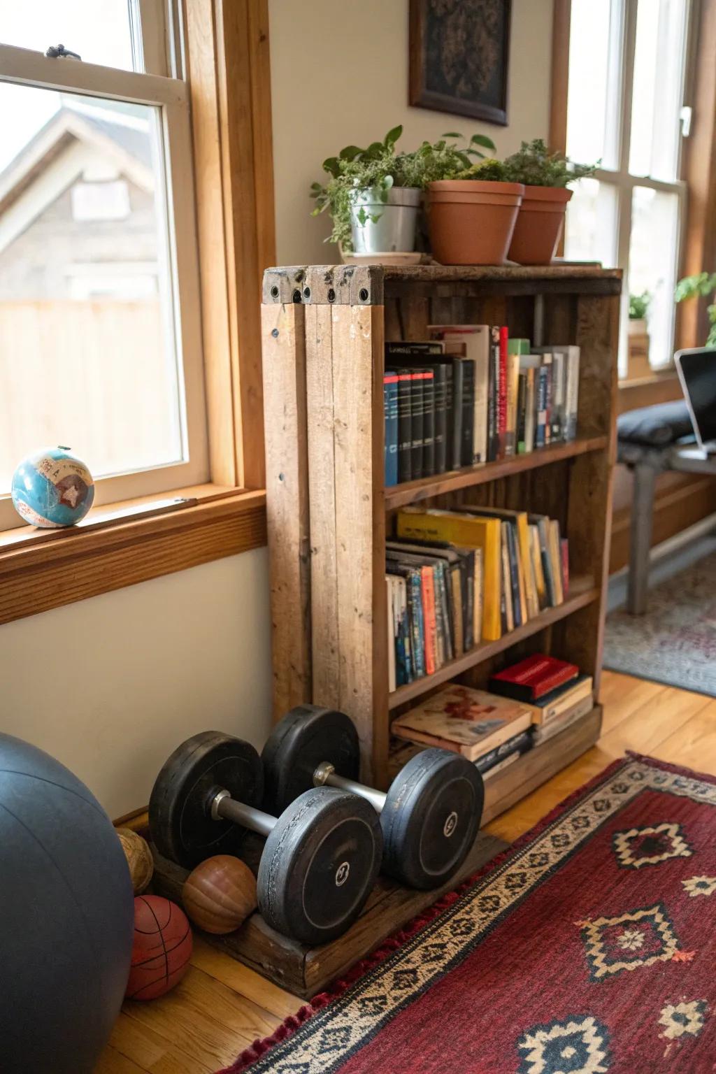 Repurposed furnishings introduce character and practicality to your gym.