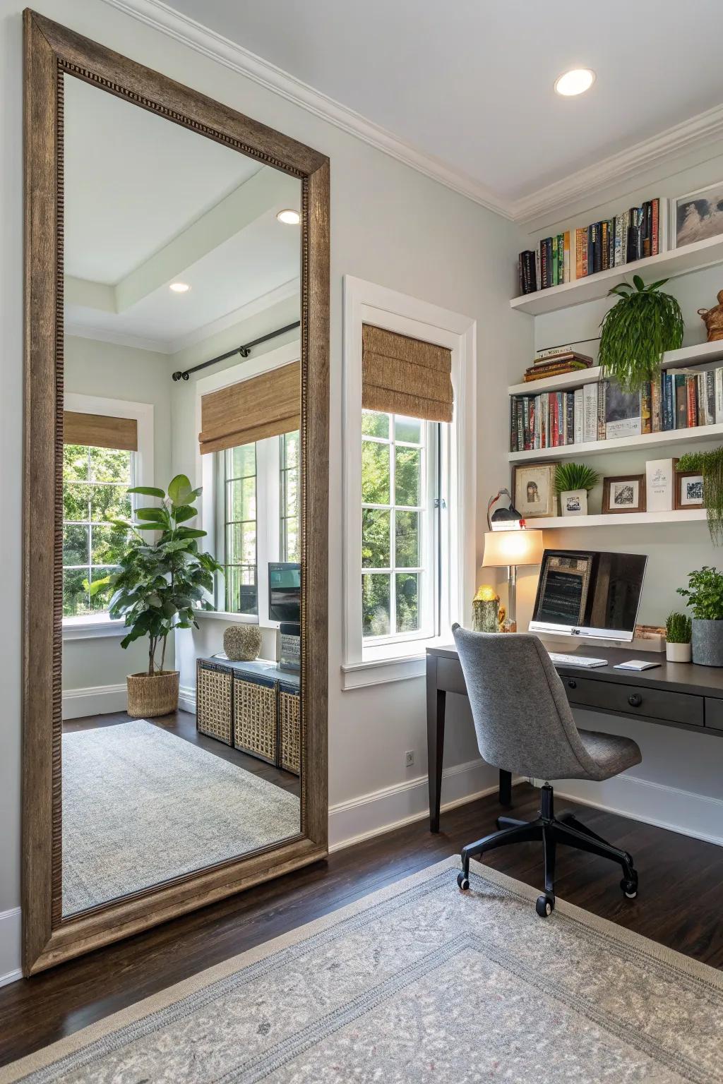 A statement mirror enhances space and light in this home office.