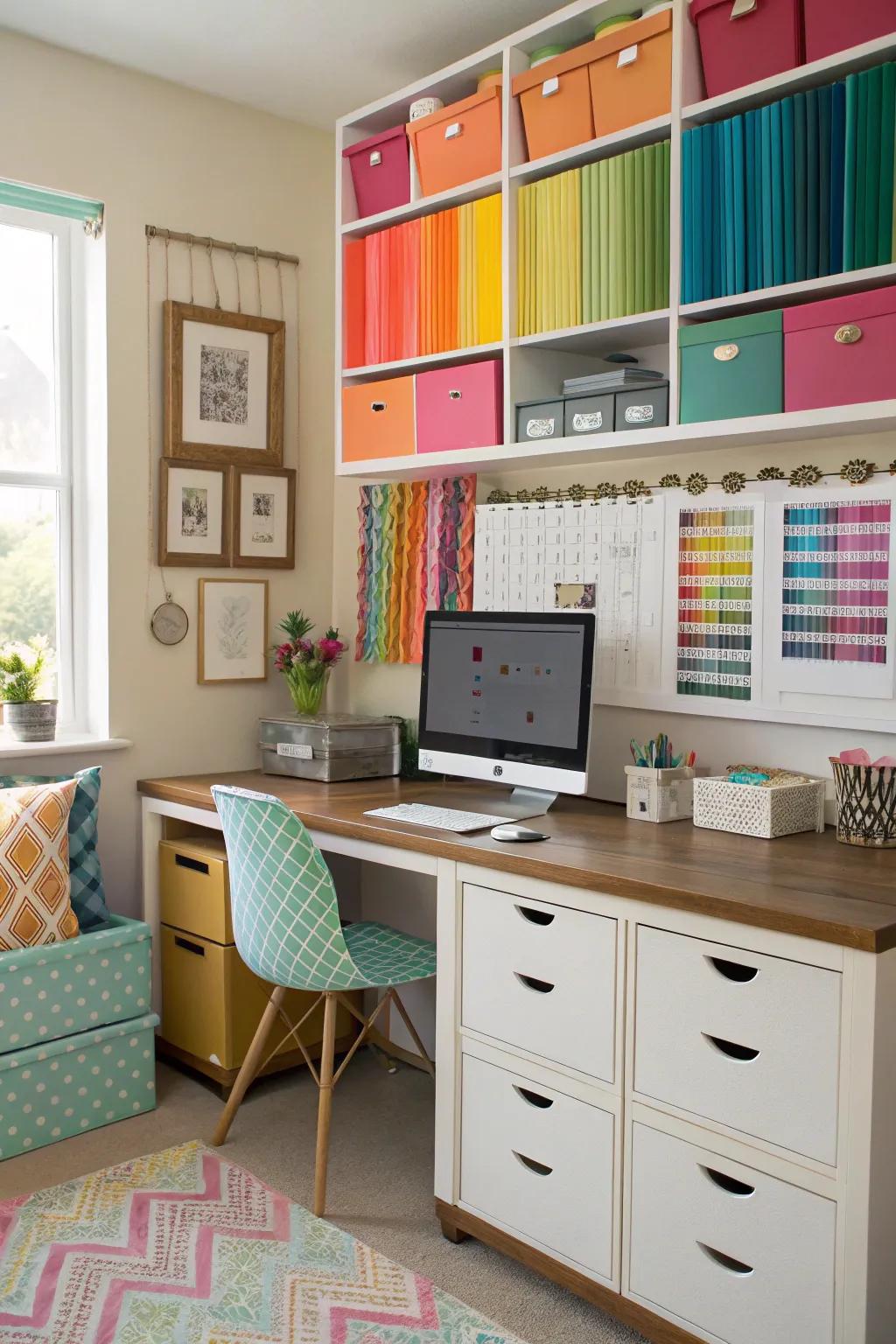 Color-coded organization imparts a sense of order and character to a home office.