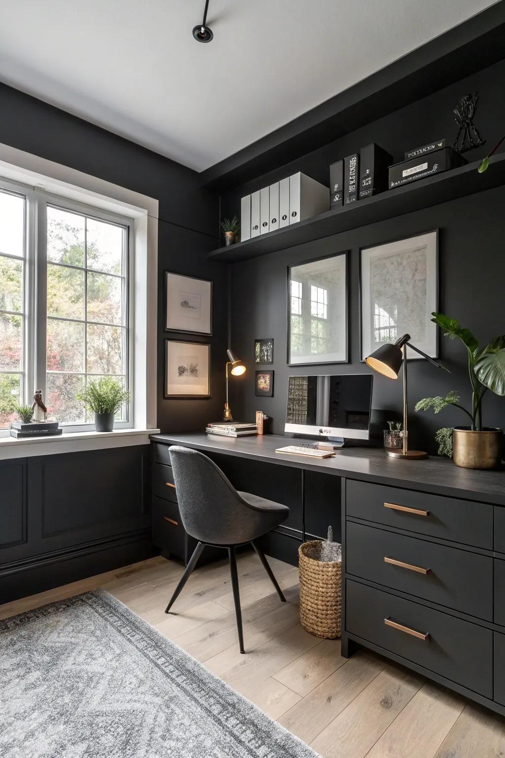 Dark ash walls convey a lavish and sophisticated sensation to this personal office.