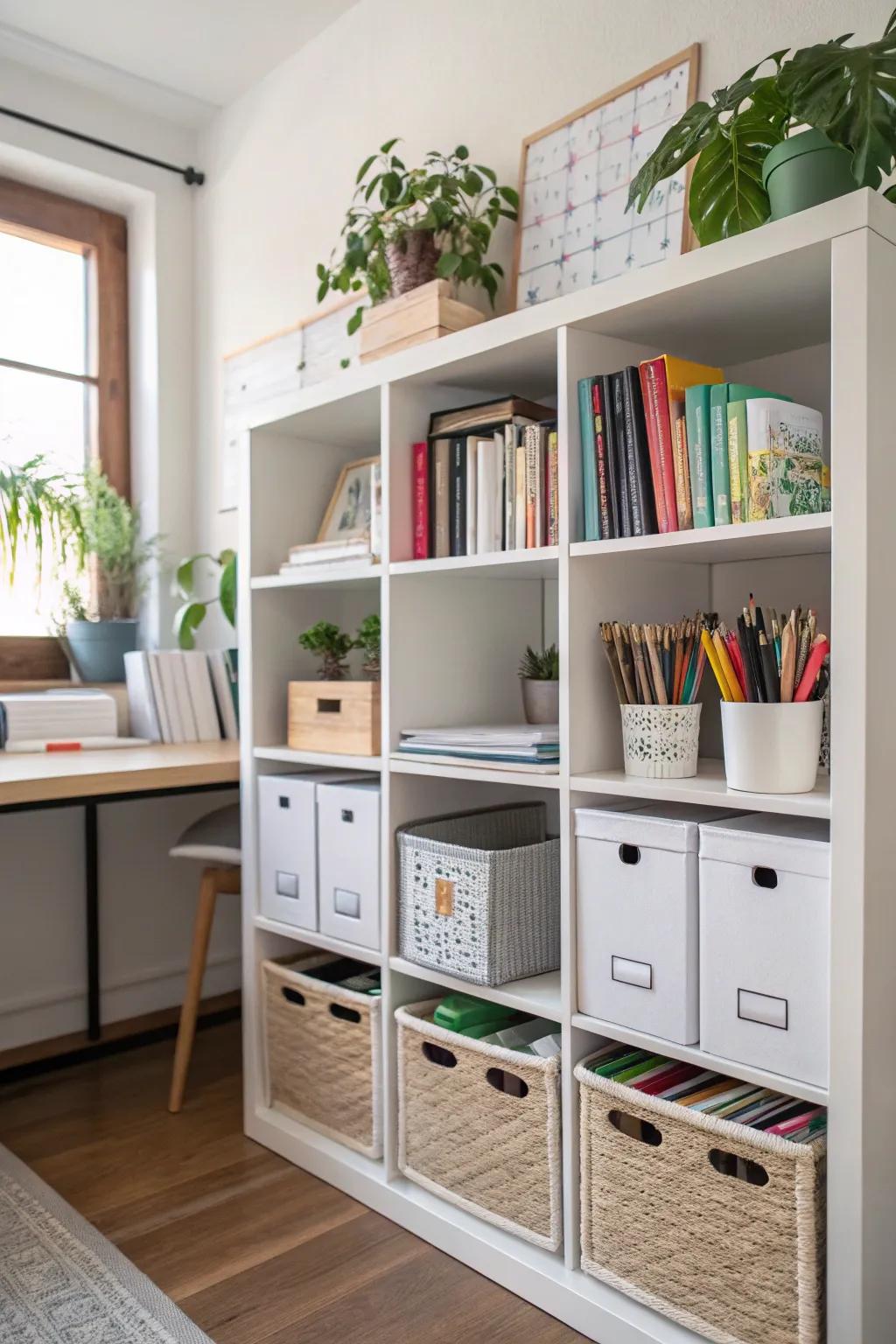 Cubicle shelves sustain a structured and neat office.
