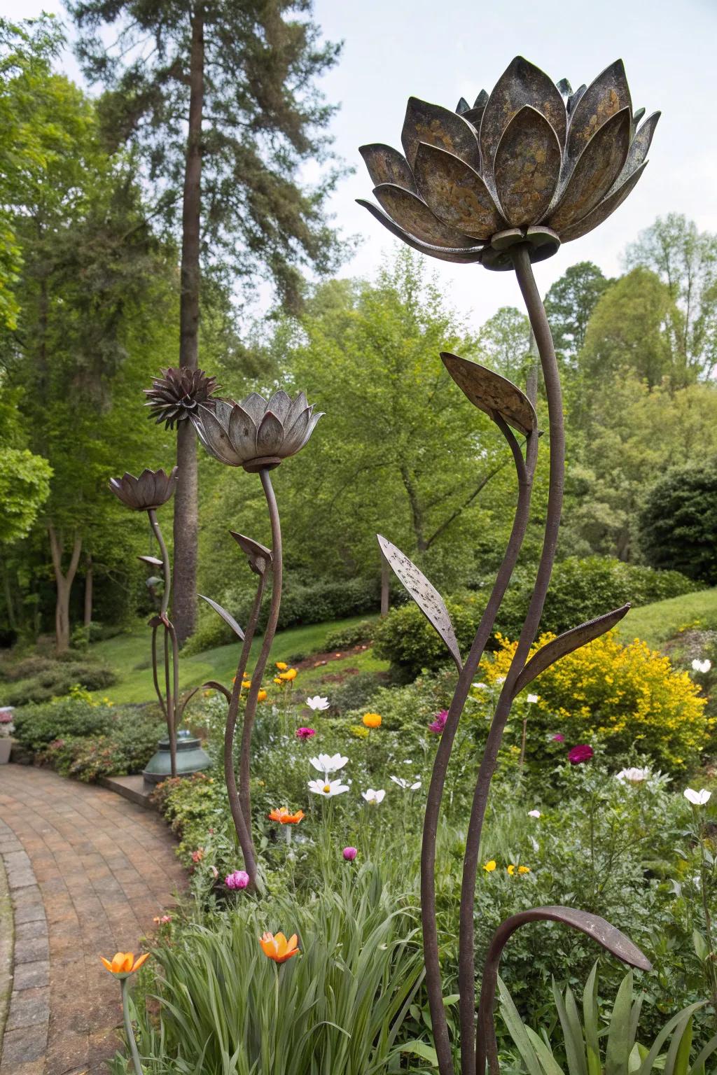 Add a touch of industrial chic with metal blossom art.