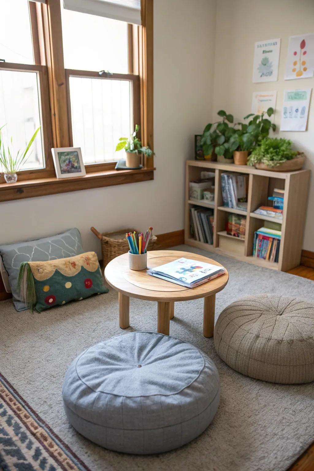 Adaptable seating offers comfort and versatility in compact homeschool areas.